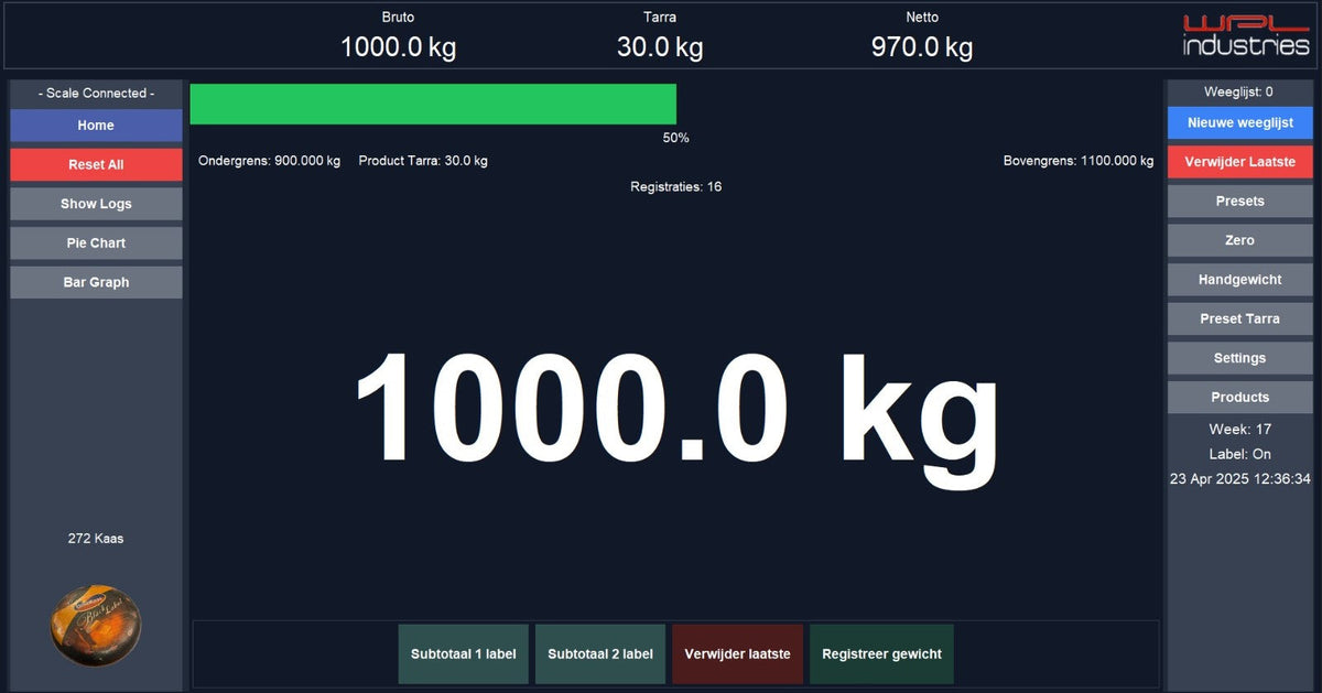 BRS weighing software screen showing a 1000.0 kg weighing with tare, net weight and limit bar