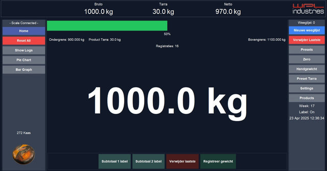 BRS weighing software screen showing a 1000.0 kg weighing with tare, net weight and limit bar