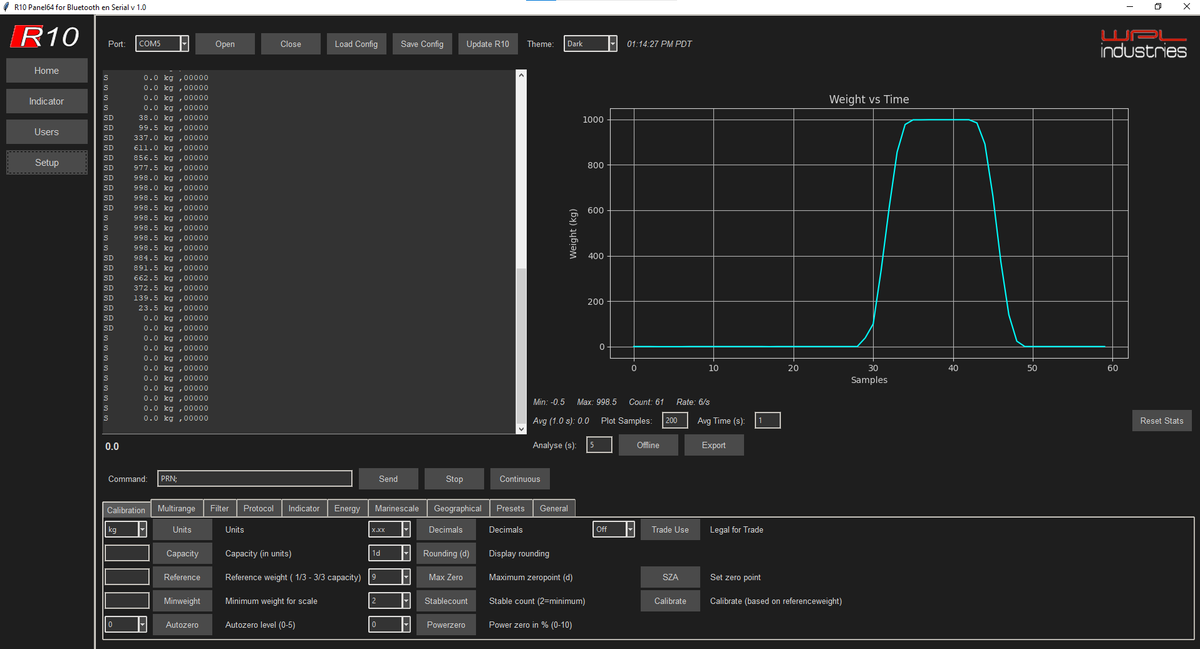 R10 Configuration Panel screen with grouped scale settings for rounding, capacity and marine filtering