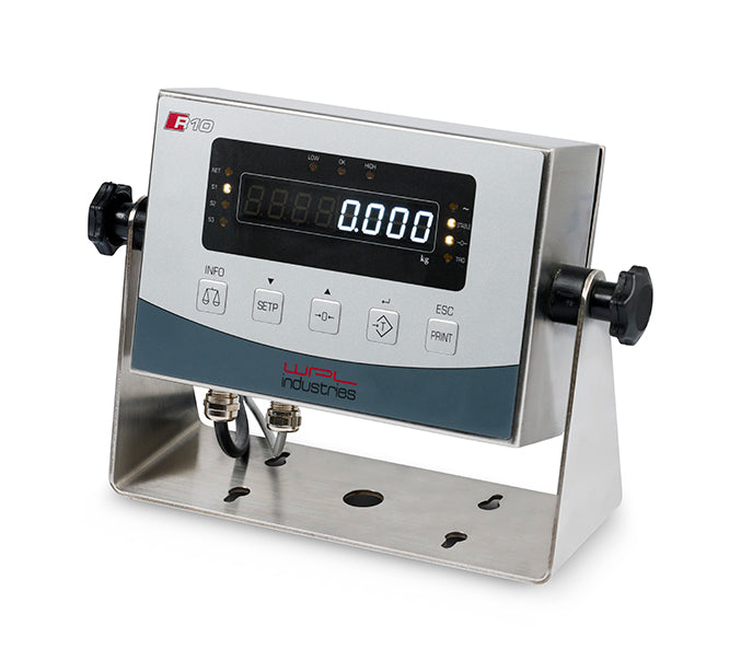 WPL R10 stainless steel weighing indicator with white LED display and membrane keypad on bracket