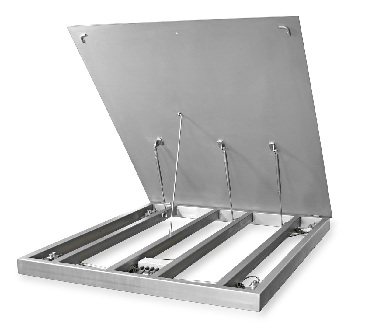 Stainless floor scale with top plate raised, showing frame, load cells and junction box