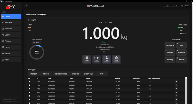 WeightControl Base dark screen with 1.000 kg live weight, quick presets and datalogger table