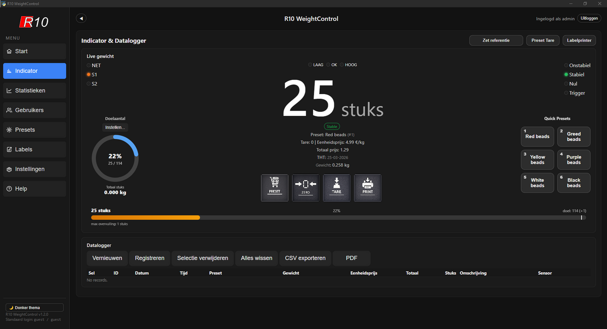 WeightControl Count dark counting screen showing 25 pieces, target progress and quick presets