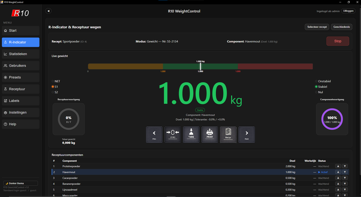 WeightControl Formula dark recipe weighing screen with tolerance bar, live weight and component list