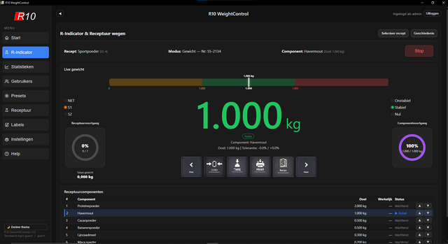 WeightControl Formula dark recipe weighing screen with tolerance bar, live weight and component list