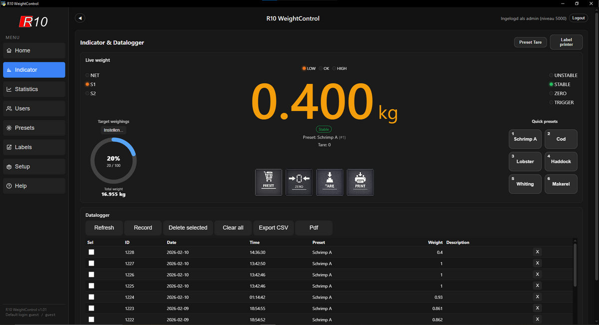 Panel de WeightControl con peso en vivo y ajustes preestablecidos