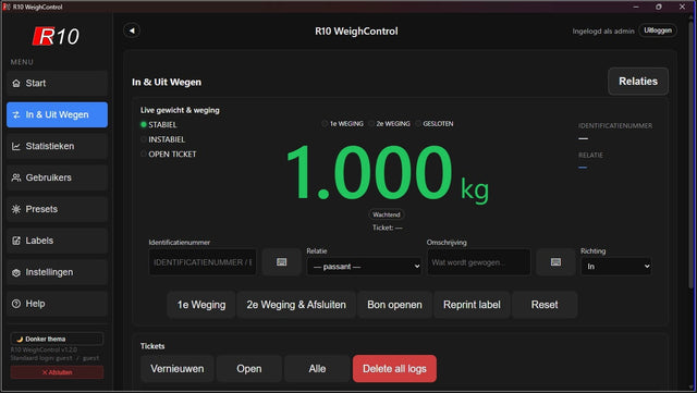 WeightControl InOut in and out weighing screen with live weight, ticket fields and weighing buttons