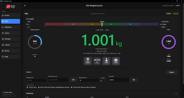 WeightControl SQC checkweighing screen with 1.001 kg, tolerance colour bar, mean and session fields