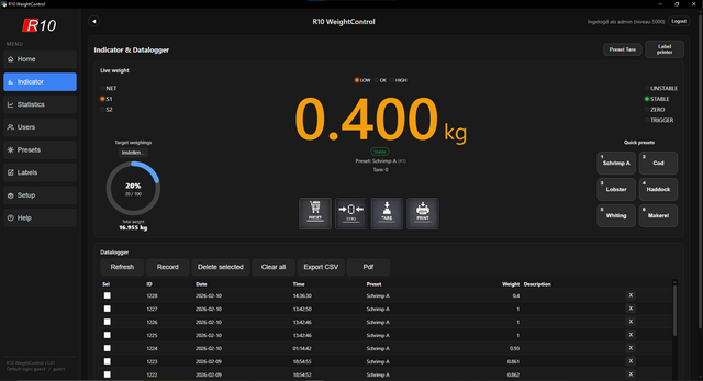 WeightControl web interface showing live weight and active preset in a browser