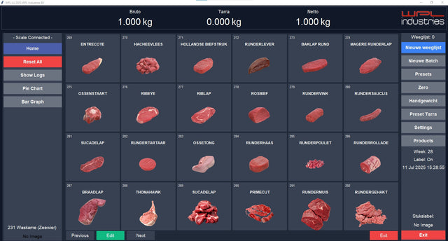 WPL App product selection screen with meat product tiles for weighing and labelling