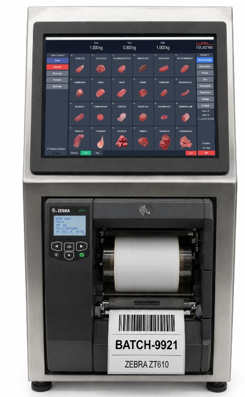 WPL1050 stainless steel labelling station with touchscreen product selection and Zebra ZT610 label printer